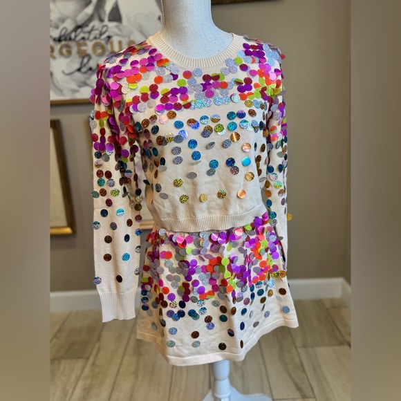 New! SET! QUEEN OF SPARKLES Cream & Rainbow Paillette Sequin Skirt + Sweater Set - Picture 6 of 9